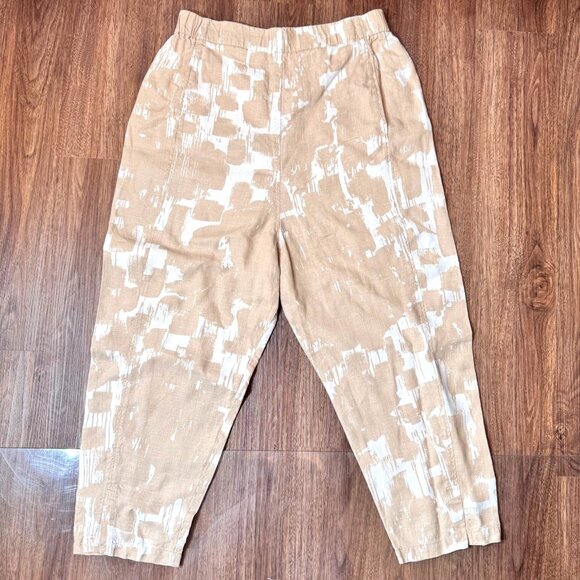 OSKA Linen Beige White Abstract Elastic Waist Barrel Crop Pants Size 3 USA 10/12 - Picture 1 of 13